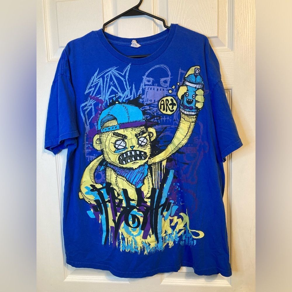 Y2K Streetwear Shirt Blue Graffiti Monster Tee Unisex Size XL